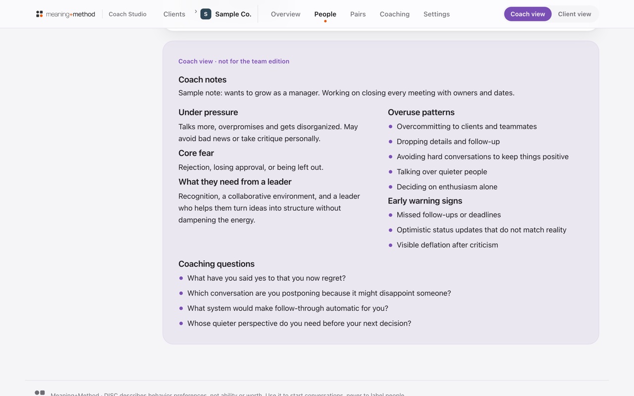 The private coach view for a sample team member, labeled not for the team edition. It holds coach notes, how the person behaves under pressure, overuse patterns, early warning signs, and coaching questions.