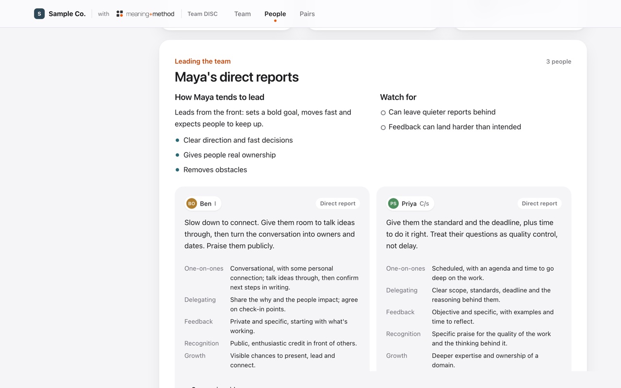 A sample manager view for Maya, who leads with Drive. It describes how she tends to lead and what to watch for, then gives specific guidance for leading each direct report, covering one-on-ones, delegating, feedback, recognition, and growth.