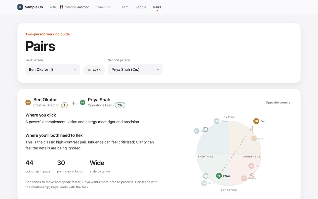 A sample pair guide for Ben, who leads with Influence, and Priya, who leads with Clarity. It describes where they click, where both need to flex, and the gaps in their pace and focus, with both plotted on the team map.